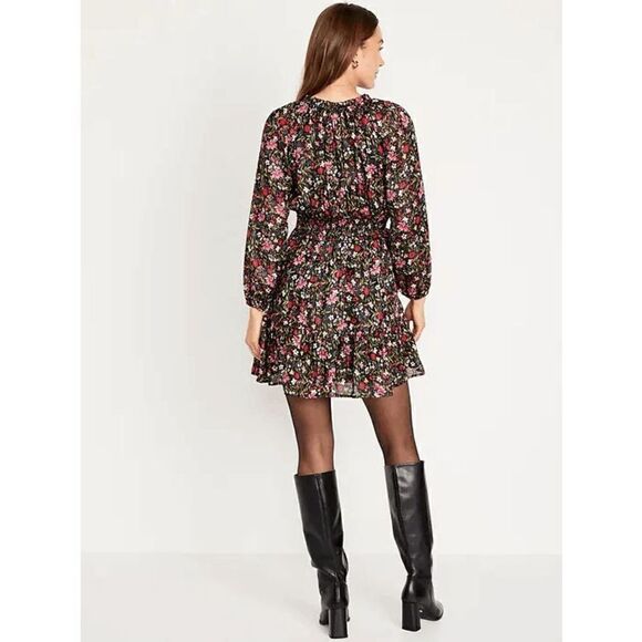 Old Navy Black Floral Gold Stripe Waist-Defined Shine Mini Dress Small Tall NWT - Picture 10 of 10